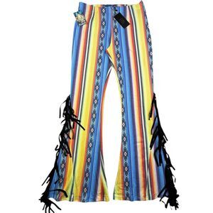 L&B Lucky & Blessed Flare Pants Medium Colorful Serape Stripes Tassle Leggings